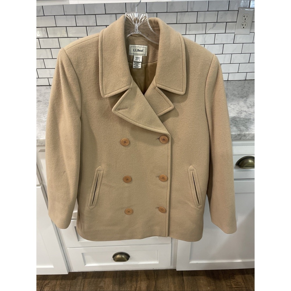 LL Bean Wool Cashmere Jacket Coat Womens Size 14 Tan Peacoat Button Thinsulate